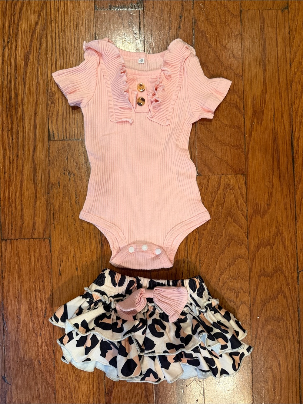 Amazon Pink Ruffle Ribbed Bodysuit with Leopard Print Ruffle Skirt